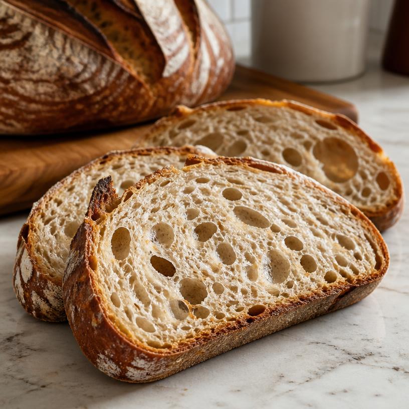 Crispy sourdough bread slices on a counter