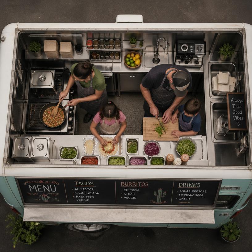 Family cooking together inside the food truck
